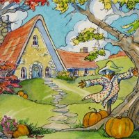 Almost Halloween Storybook Cottage Series, based on the artwork of Alida Akers, 16 x 24