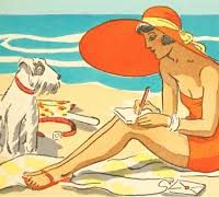 Deco Day at the Beach, 32 x 20, Vintage Postcard Pattern From Joan Moshimer's Studio