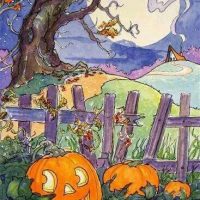A Storybook Halloween Cottage Series, based on the artwork of Alida Akers, 30 x 20