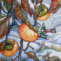 Persimmons Caught in Snow, based on the artwork of Alida Akers, 24 x 24