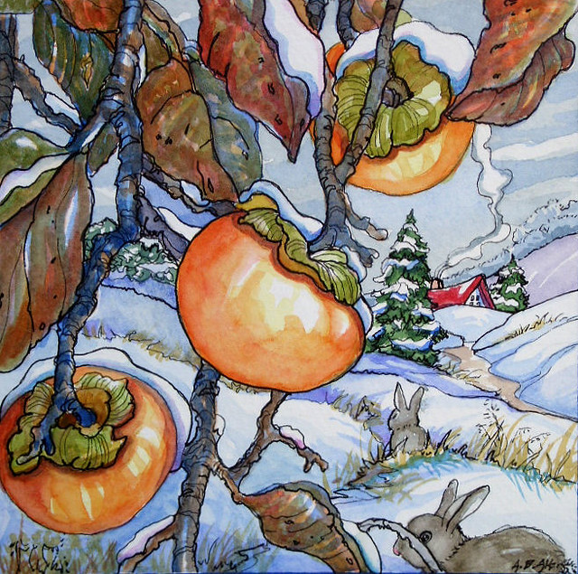 Persimmons Caught in Snow, based on the artwork of Alida Akers, 24 x 24