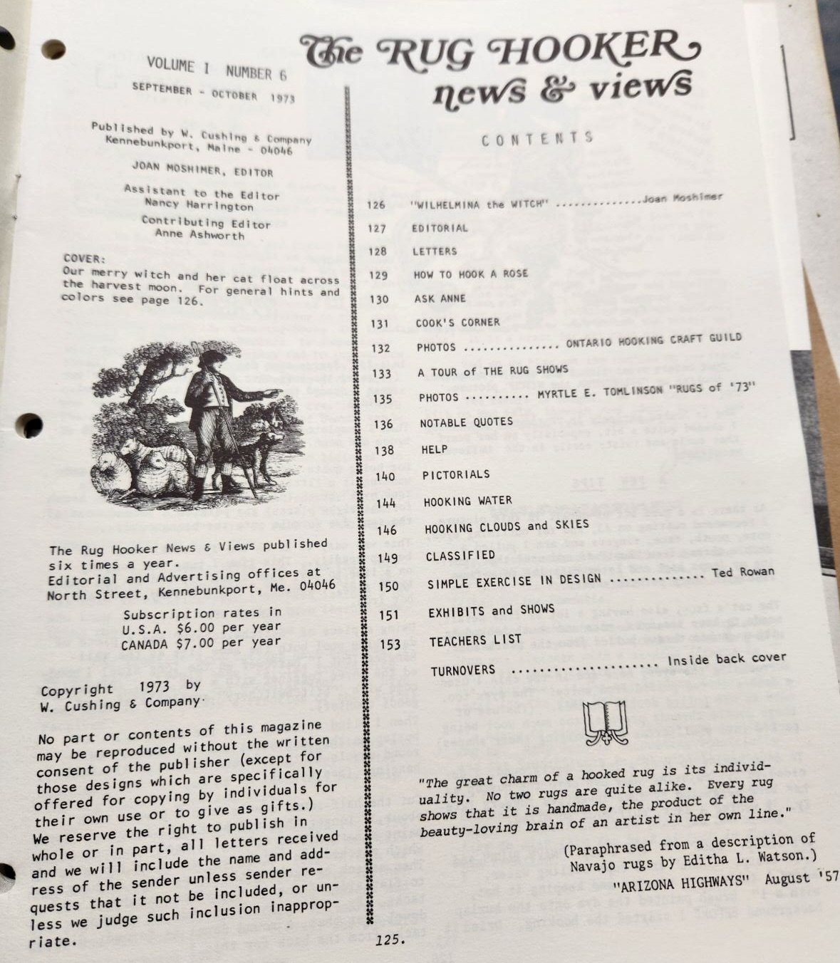 The Rug Hooker, New and Views Rug Hooking Magazine Volume 1 no. 6, Issue #6 September - October 1973 by Joan Moshimer "Uncirculated Copies" - Image 2