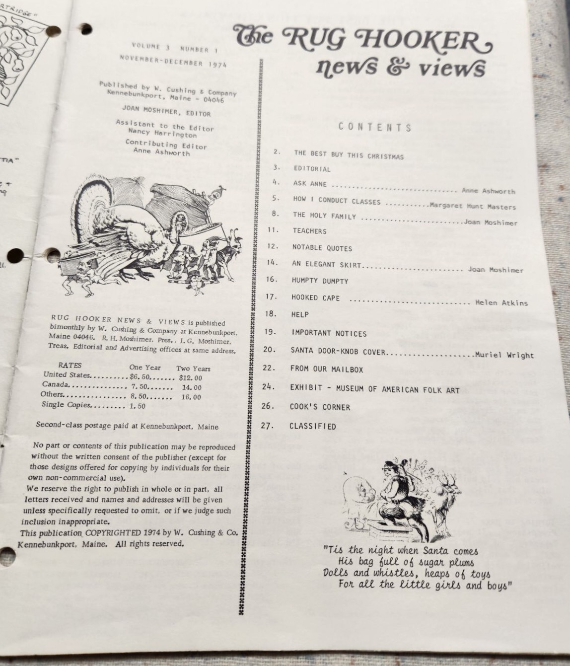 The Rug Hooker, New and Views Rug Hooking Magazine Volume 3, No. 1, Issue #13, November - December 1974 by Joan Moshimer "Used" - Image 2