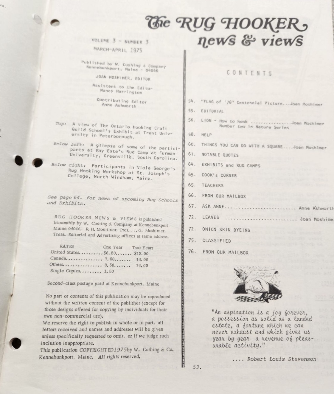The Rug Hooker, New and Views Rug Hooking Magazine Volume 3, No. 3, Issue #15, March - April 1975 by Joan Moshimer "Used" - Image 2