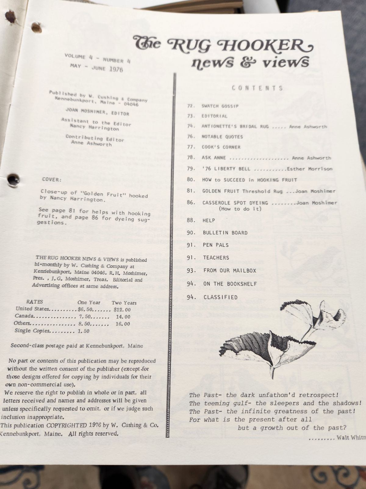 The Rug Hooker, New and Views Rug Hooking Magazine Volume 4, no. 4, Issue #22, May - June 1976 by Joan Moshimer "Used" - Image 2
