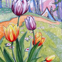 Tulip Time, Storybook Cottage Series, based on the artwork of Alida Akers, 26 x 19 1/2