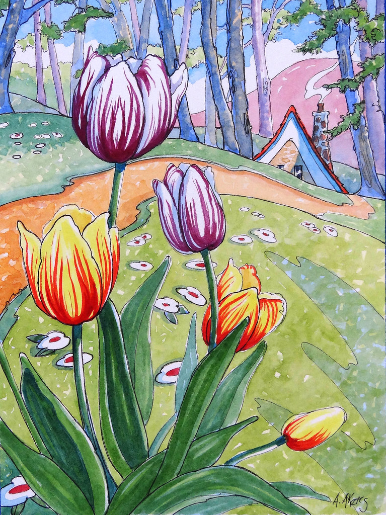 Tulip Time, Storybook Cottage Series, based on the artwork of Alida Akers, 26 x 19 1/2