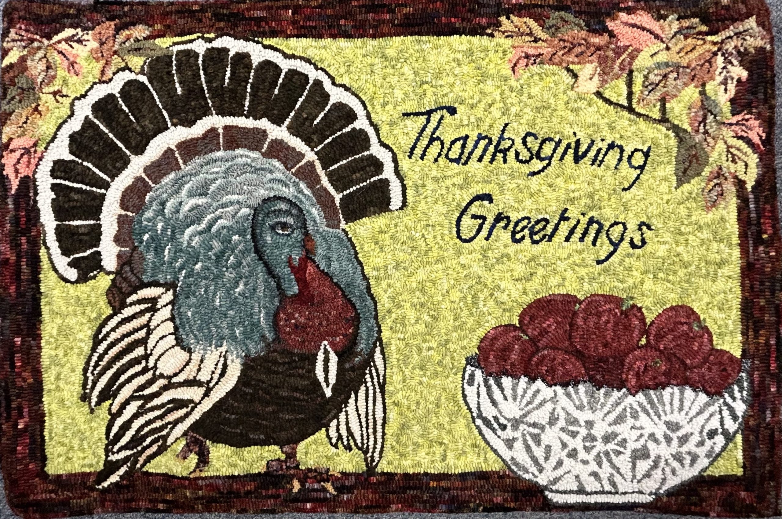 Gobble! Gobble! 24 x 36 Hooked Rug by Fiber Artist Karen Whidden