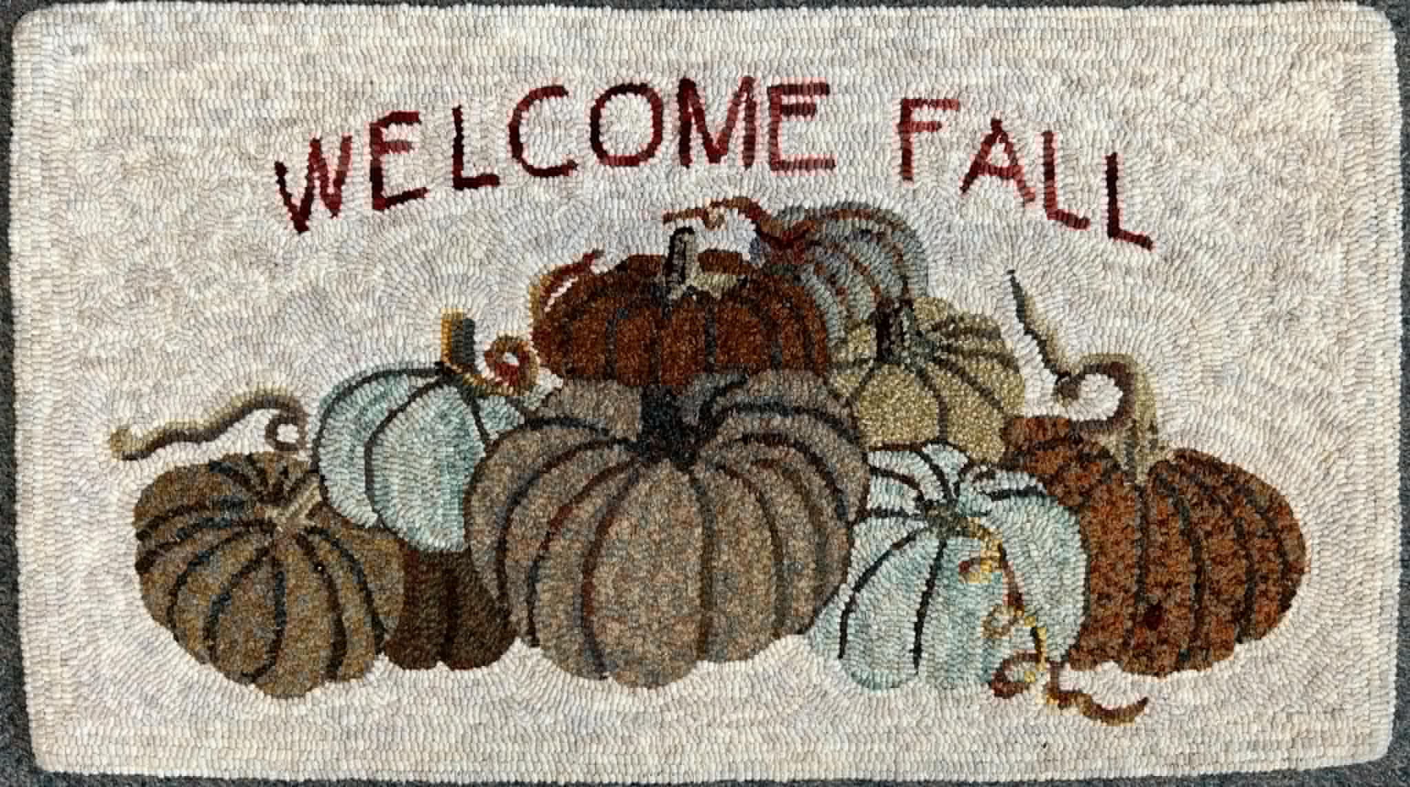 Welcome Fall, 26 x 14.5, P is for Primitive Pattern-- Finished Hooked Rug by Fiber Artist Karen Whidden