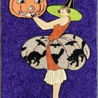 Ready For The Costume Ball, 22 x 28, Vintage Postcard Pattern-- Hooked Rug by Fiber Artist Karen Whidden