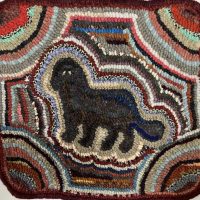 Hit & Miss Dog, Chair Seat, Evelyn Lawrence Pattern-- Finished Hooked Rug  by Evelyn Lawrence