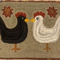 Black and White Chickens, 29.5 x 18.5 -- Finished Hooked Rug  by Evelyn Lawrence
