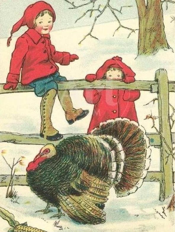 Let Us Be Thankful 28 x 20, Vintage Postcard Pattern From Joan Moshimer’s Studio