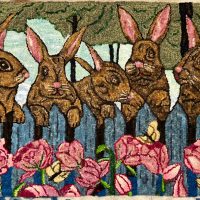 Bunnies on a Fence, a Vintage Postcard Pattern, 17 1/2 x 29-- Hooked Rug by Fiber Artist Karen Whidden